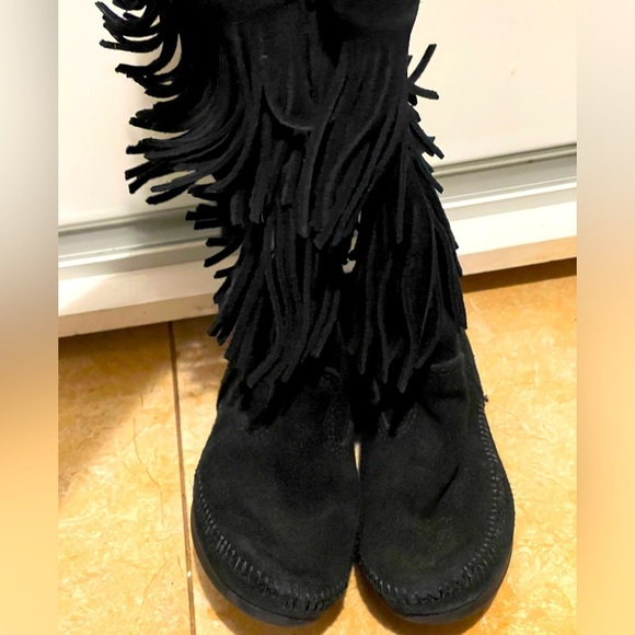Minnetonka Boots Womens 6 3 Tier Moccasin Tall Boots black suede leather - Picture 2 of 7
